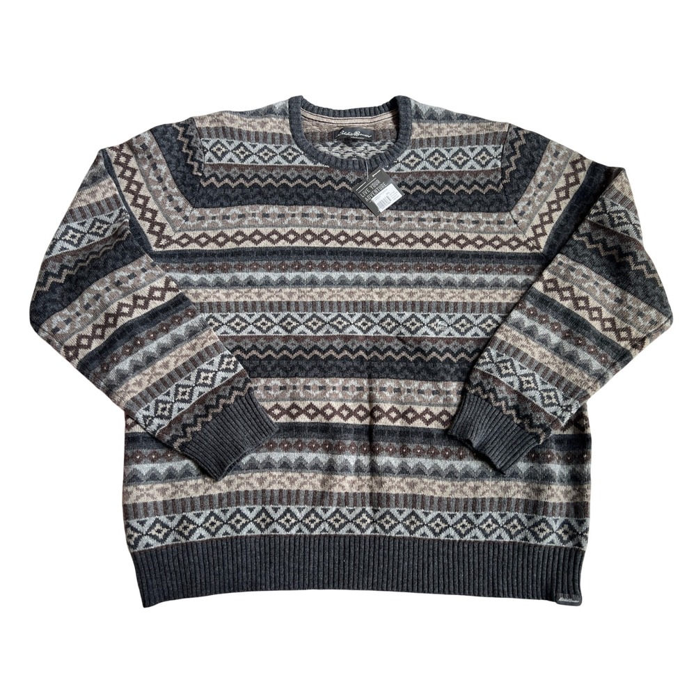 NWT Eddie Bauer Wool Blend Fair Isle Crew Neck Sweater 2XL Cozy Cabin Nordic